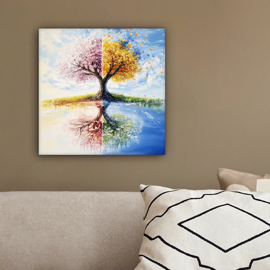 Tableau sur toile 20x20 cm - Décoration murale Arbre - Art - Saisons - Printemps - Automne - Décoration murale salon - Décoration chambre - Accessoires chambre - Peintures sur toile