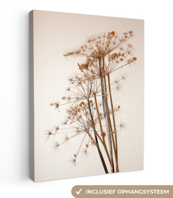Canvas schilderij 90x120 cm - Wanddecoratie Droogbloemen - Stilleven - Wit - Planten - Bloemen - Muurdecoratie woonkamer - Slaapkamer decoratie - Kamer accessoires - Schilderijen op canvas