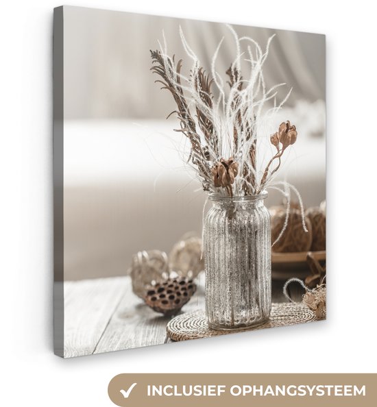 Tableau sur toile Nature morte - Fleurs séchées - Vase - 50x50 cm - Décoration murale