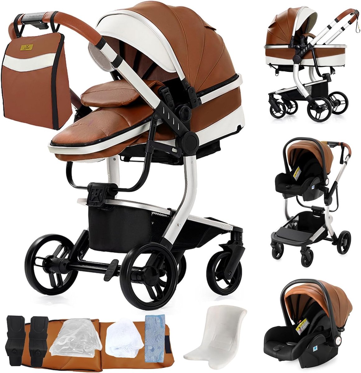 Image of 3-in-1 Babywagen PU-leer - Verstelbaar, Opvouwbaar en Comfortabel