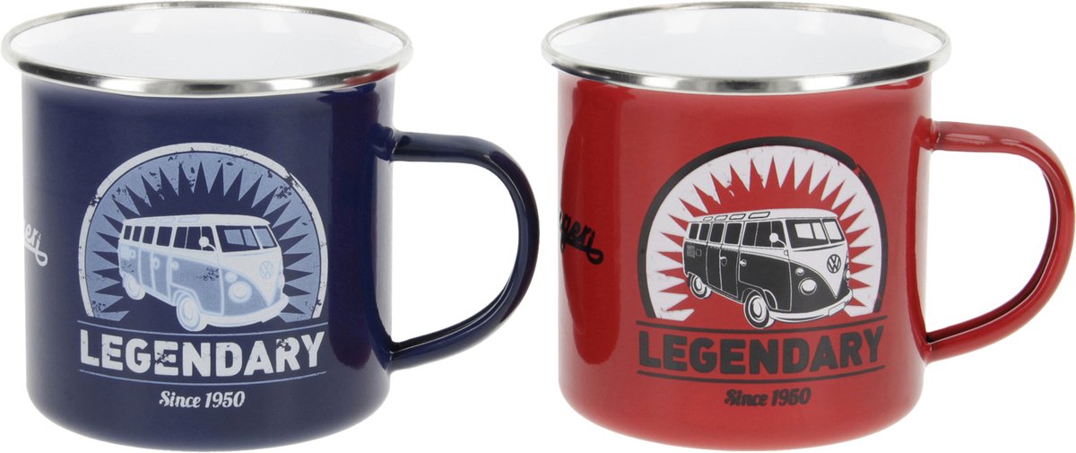 BRISA VW Collection - Volkswagen Set van 2 Geëmailleerde Koffie-Thee-Cappuccino-Kop-Mok-Haferl-Mok voor Camping & Buiten T1 Bus (350 ml x2/Zwart & Blauw)