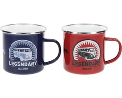 BRISA VW Collection - Volkswagen Set van 2 Geëmailleerde Koffie-Thee-Cappuccino-Kop-Mok-Haferl-Mok voor Camping & Buiten T1 Bus (350 ml x2/Zwart & Blauw)