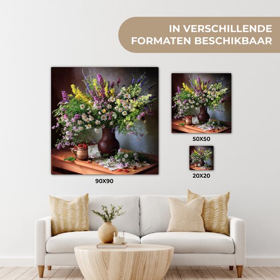 Tableau sur toile Fleurs - Tableau - Nature morte - Bouquet - Vase - 20x20 cm - Décoration murale