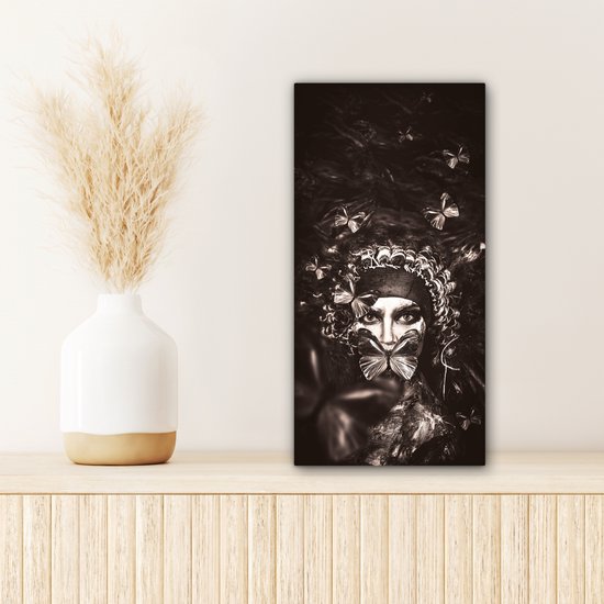 Toile Peinture Femme - Papillon - Zwart - Wit - 20x40 cm - Décoration murale