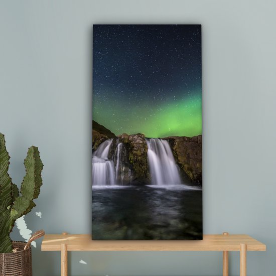 Tableau sur Toile Aurores Boréales - Cascade - Islande - 40x80 cm - Décoration murale