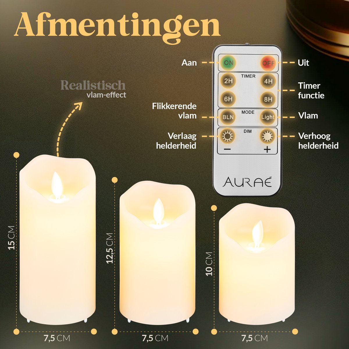 Aurae Oplaadbare Led Kaarsen met Bewegende Vlam - 3x - Echte Wax - 35+ Branduren - Afstandsbediening - Flikkerende Vlam - Oplaadbaar - Timer - Kerst Kaarsen — cadeau in Wonen & Interieur - foto 8