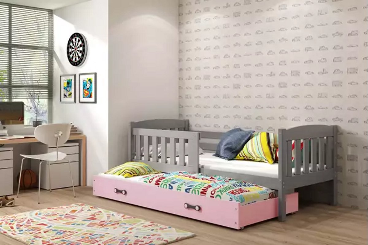 BMS - Pull-Out Jeugdbed - Met Matras en Lade - Grafiet/Roze