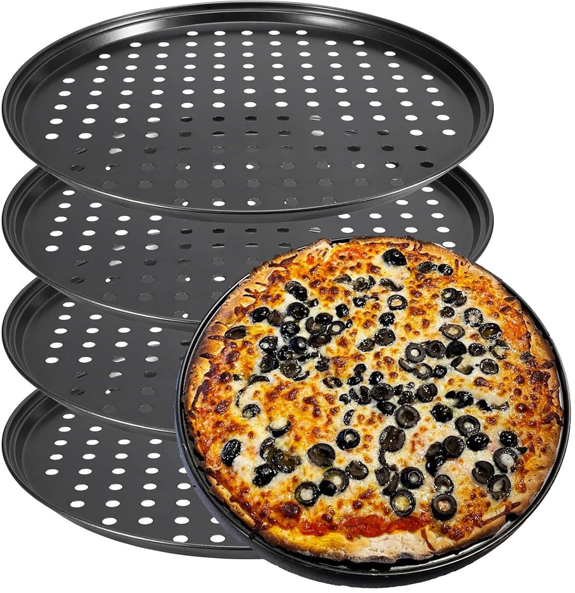 TRANKIELO® - 30 cm Geperforeerde Pizza Bakpan – Antiaanbaklaag – Duurzaam Koolstofstaal – Perfect voor Oven en Grill