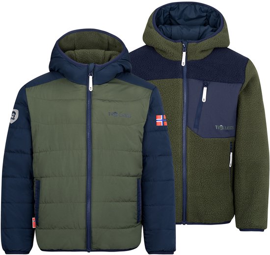 Twee Trollkids jassen, één groen-navy gewatteerd en één groen-navy fleece met capuchon.