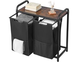 Wasmand, met Metalen Frame en Houten Top, met Uittrekbare 600D Oxford-Stoffenzakken, Vrijstaande Organisator voor Vuile Kleding en Badkameropslag