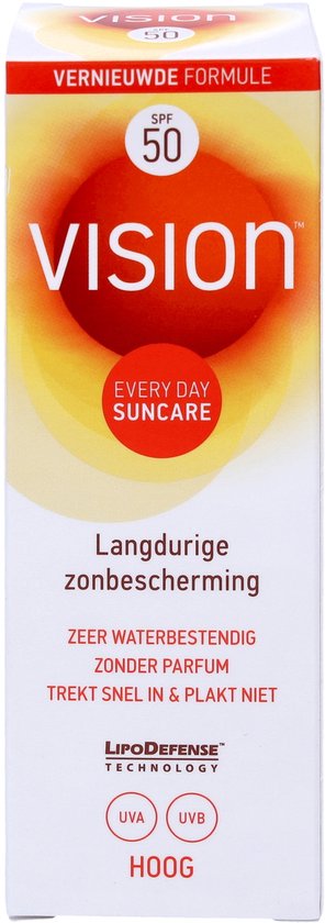 Koker met vernieuwde formule, SPF 50, Vision, Every Day Suncare, Langdurige zonnebescherming, Zeer waterbestendig, Zonder parfum, Trekt snel in & plakt niet, LipoDefense Technology, UVA/UVB, Hoog.
