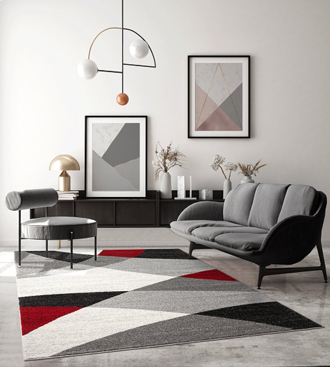 Karpet24 Abstract Modern Vloerkleed – Grijs, Rood & Zwart-240 x 330 cm