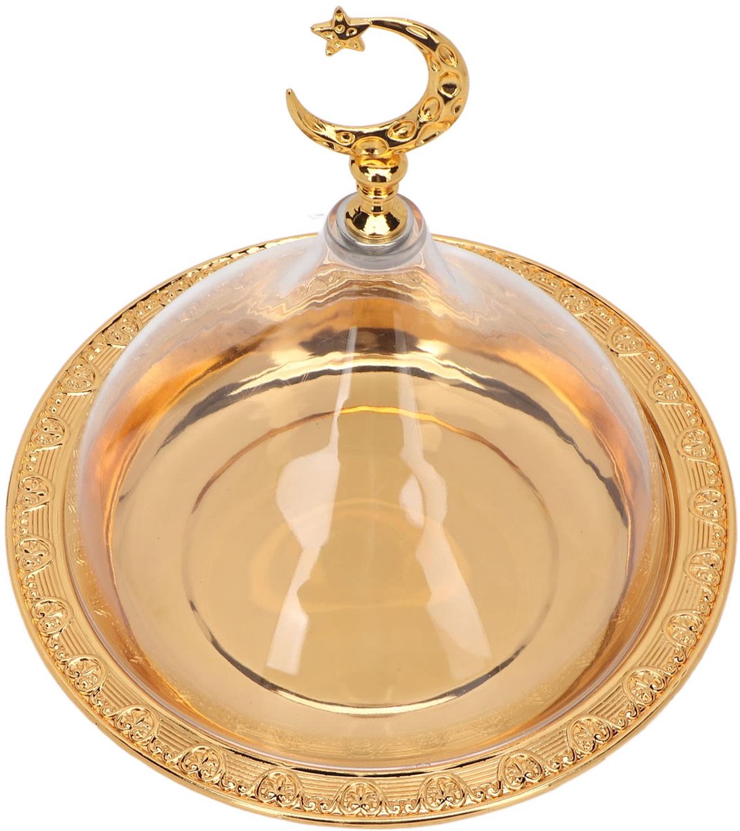 Gouden Reliëfpatronen Roestvrij Staal Acryl Serveerbord met Koepel Rustieke Metalen Basis Brede Toepassing voor Salade Dessert Koffie Helder Vintage Touch