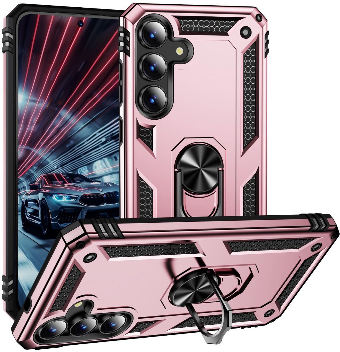 Mobigear Hoesje geschikt voor Samsung Galaxy S25 FE Telefoonhoesje Hardcase | Mobigear Armor ring Backcover Shockproof met Ringhouder | Schokbestendig Galaxy S25 FE Telefoonhoesje | Anti Shock Proof - Roségoud