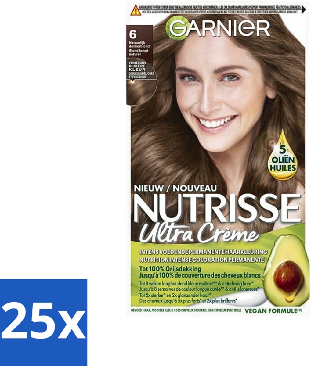 25 x Garnier - Nutrisse Ultra Crème 6 - Haarkleuring - Natuurlijk Donkerblond - Intens Voedend - Permanente Kleur - Haarkleur - Haarverf - Permanent Kleur - Grijsdekking - Voedend Haarverf
