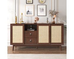 Vielseitiges Sideboard aus Echtem Rattan – 3 Schiebetüren, 2 Schubladen, 155x38x80 cm für jeden Raum