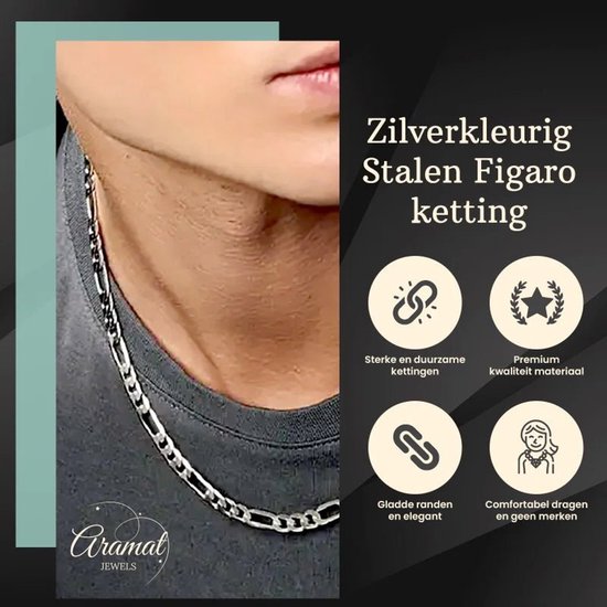 Gros plan d'un collier Figaro argenté porté par un homme. Texte : "Collier Figaro en acier argenté".