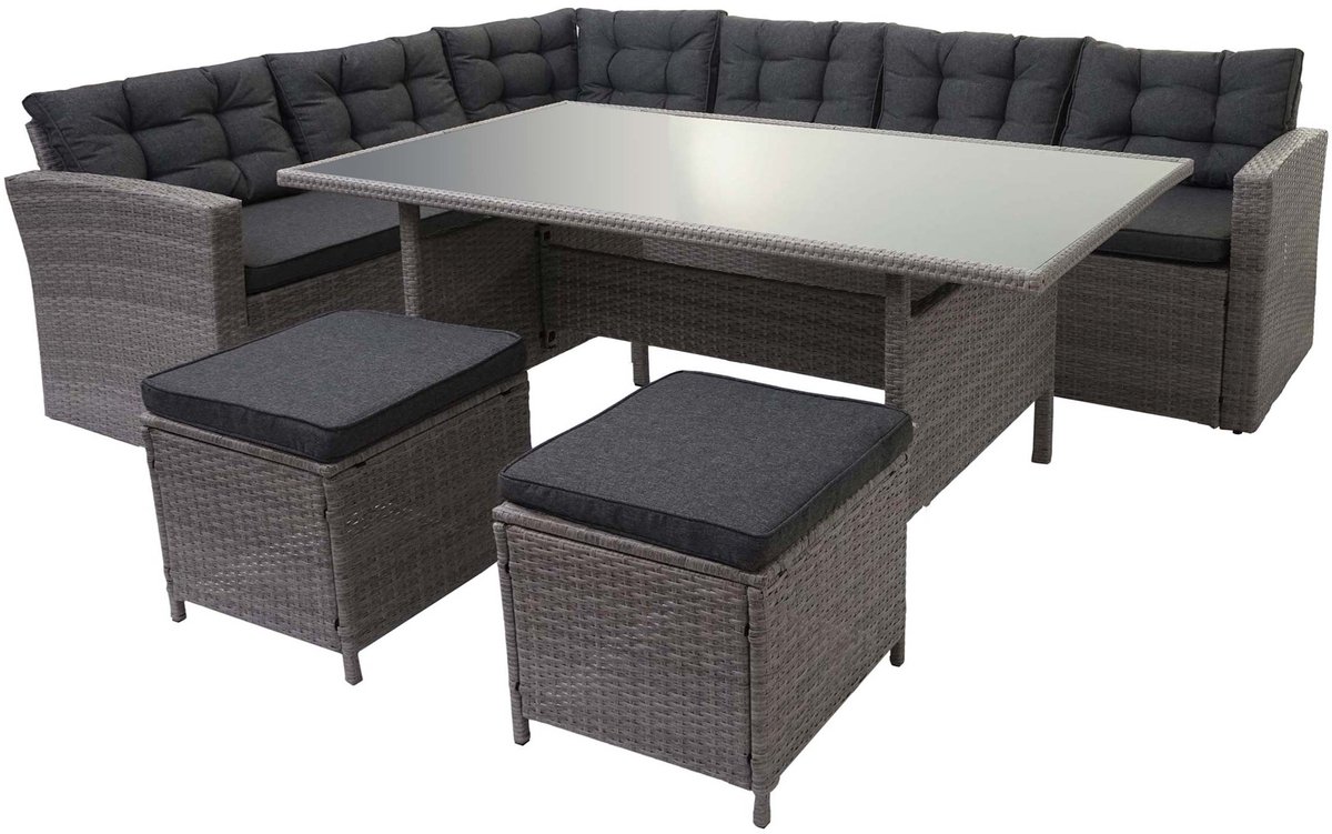 Polyrotan-set MCW-A29, tuinset zitgroep lounge-eettafel-set bank ~ grijs, kussens grijs + 2x voetenbank