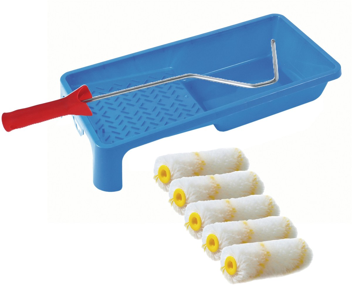Sorex pluisvrije verfrollers schilderen set - met beugel en verfbak - 5x anti spat vacht rollers - pluisvrij - breedte 10 cm x dikte 4 cm - wasbaar