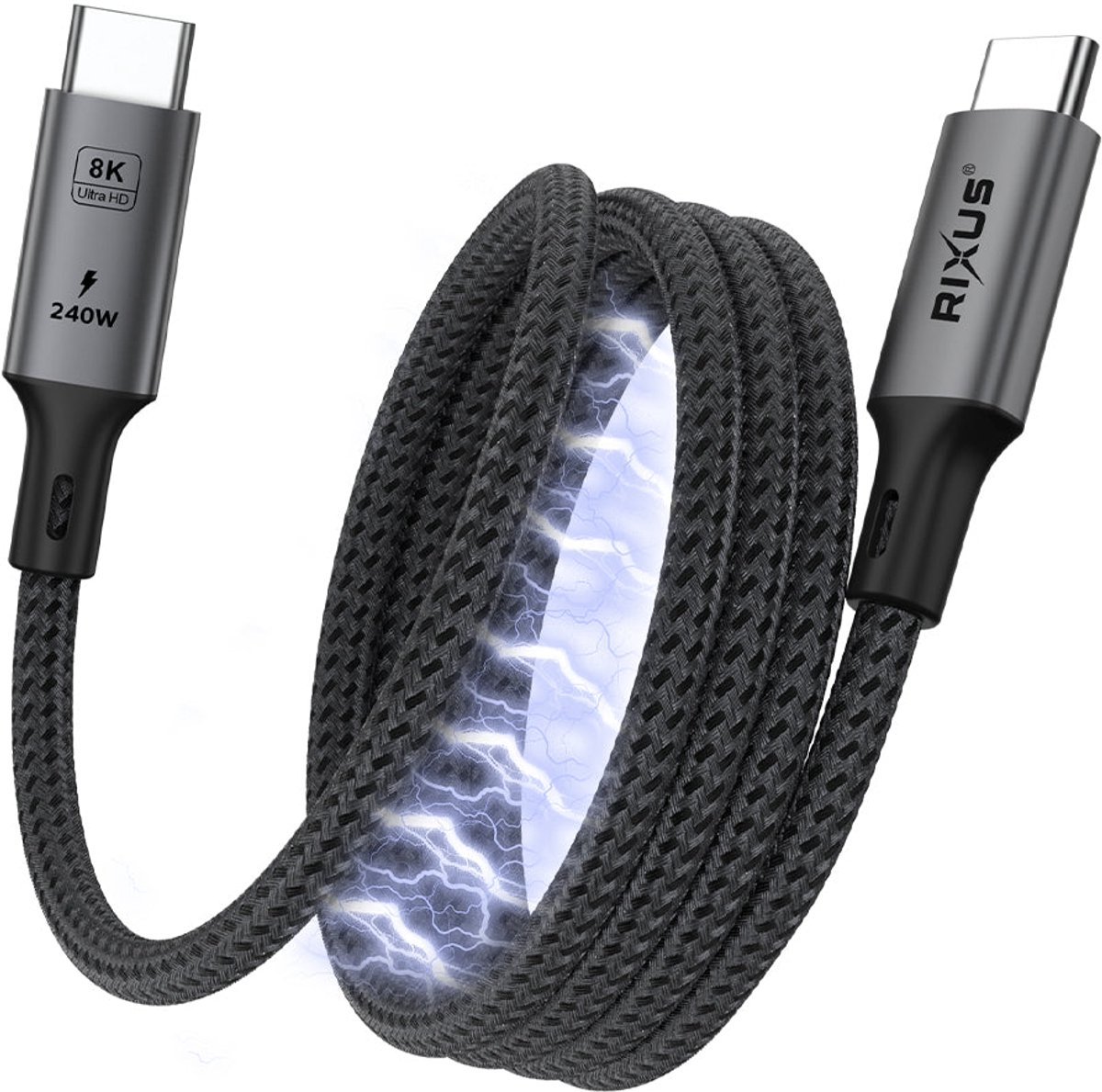 Rixus RXUC03 Magnetic USB-C 4.0 To USB-C Cable Easy Roll Up 1.5m 100W Space Gray