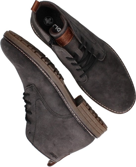 Twee grijze suède veterboots, van bovenaf gezien, met zwarte veters.