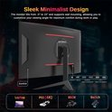 Zwarte monitor met joystick en redelijk minimalistisch ontwerp, met poorten voor Earphone, USB 2.0, 2x HDMI 2.0, 2x DP 1.4.