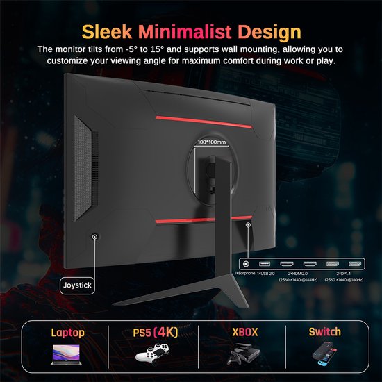 Zwarte monitor met joystick en redelijk minimalistisch ontwerp, met poorten voor Earphone, USB 2.0, 2x HDMI 2.0, 2x DP 1.4.