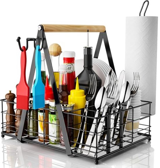 Grill Caddy, grill gebruiksvoorwerpenhouder met papieren handdoekhouder en 4 haken, metalen BBQ caddy campingaccessoires, organizer voor keuken outdoor barbecue-accessoires