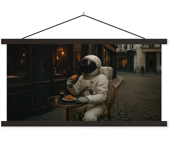 Posterhanger incl. Poster 150x75 cm - Schoolplaat - Café - Croissant - Koffie - Astronaut - Textielposter - Zwarte latten
