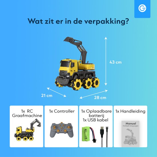 Silvergear Bestuurbare Graafmachine voor Binnen & Buiten - 10 km/u - 30 M Bereik - RC Offroad Auto - LED lampen - Speelgoed Autos Jongens en Meisjes - Cadeau voor Mannen - RC Car - 6, 7, 8, 9, 10, 11, 12, 13, 14, 15, 16 Jaar - Geel