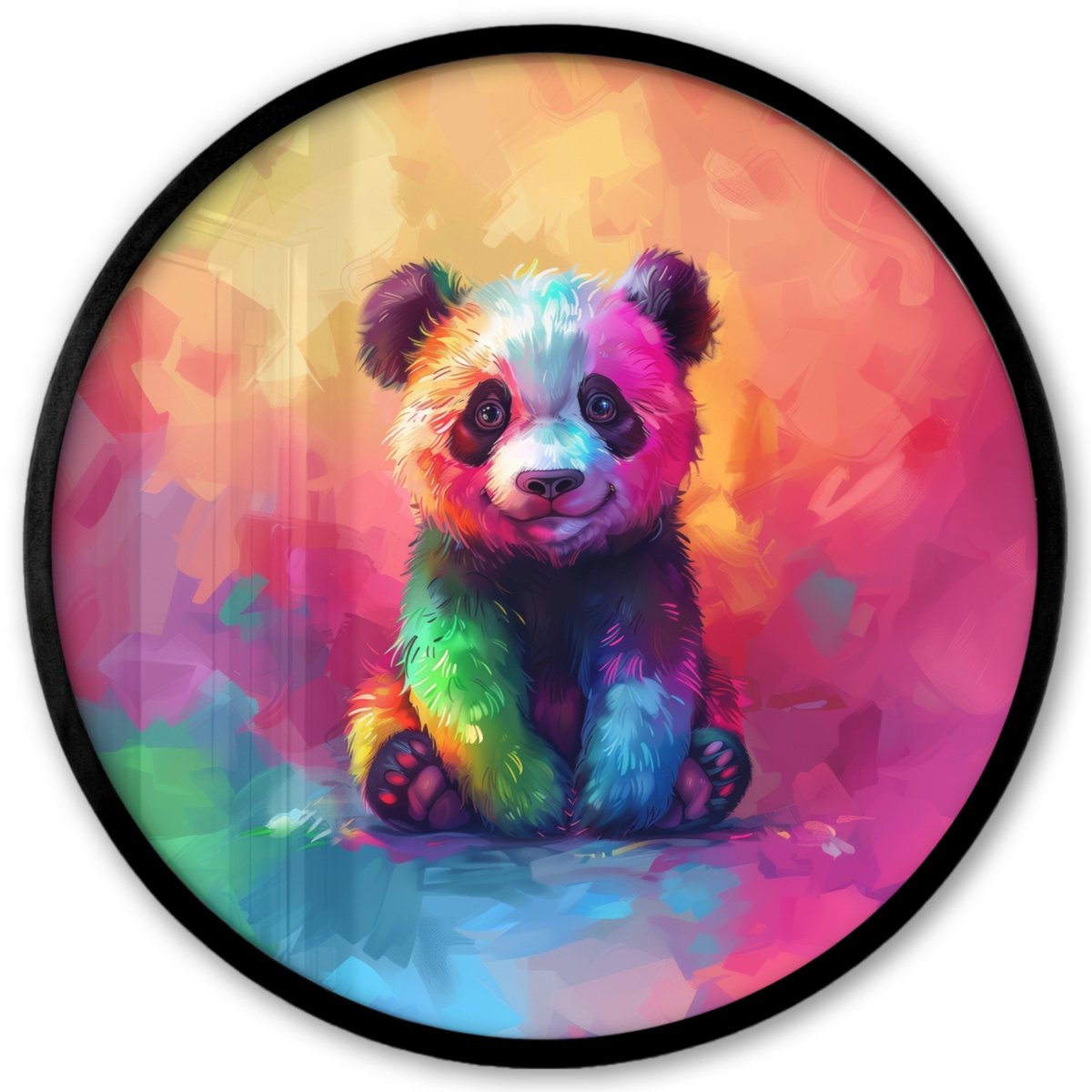 FrameYourWall Poster in lijst Rond - Fotolijst 40x40 cm - Posters - Panda - Dieren - Kleurrijk - Neon - Ronde posterlijst zwart - Decoratie - Wanddecoratie woonkamer - Muurdecoratie slaapkamer