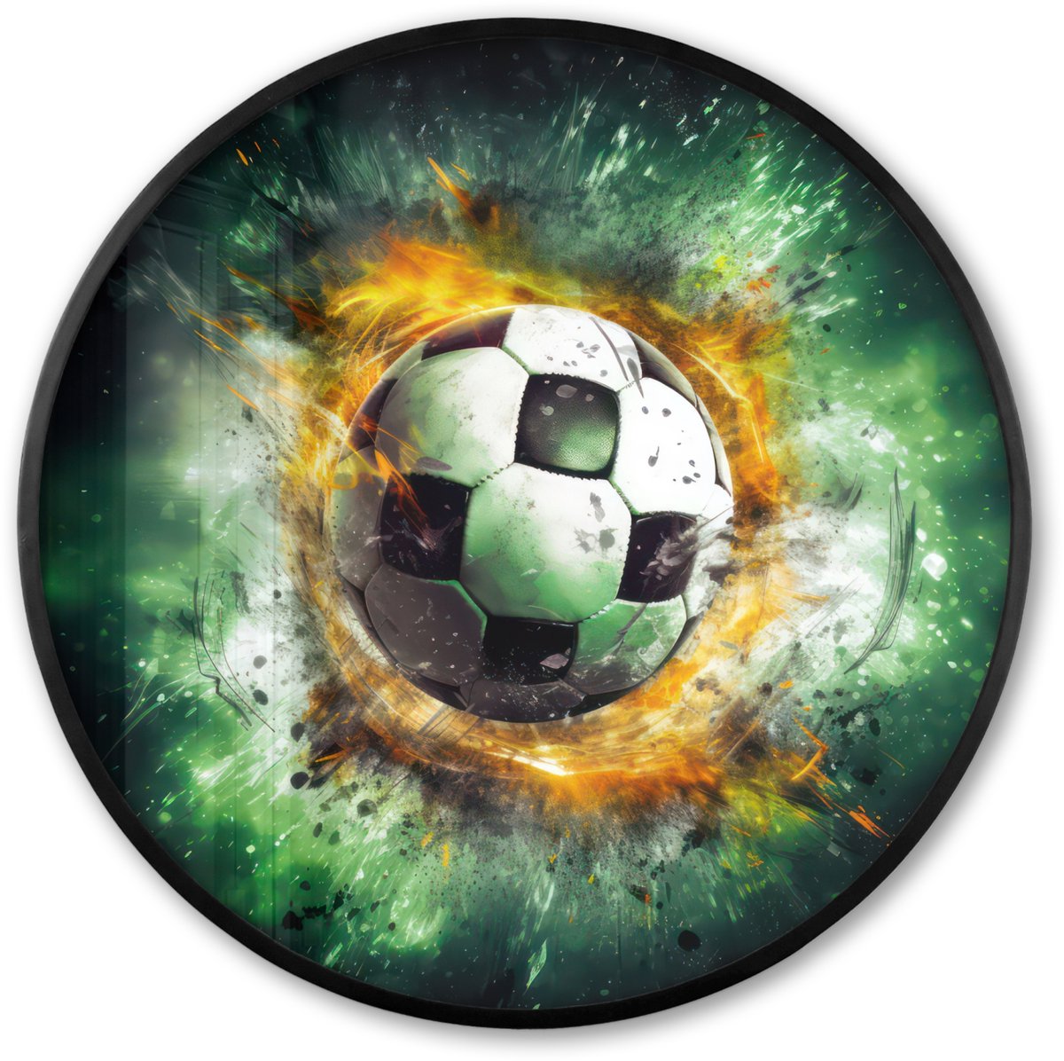FrameYourWall Poster in lijst Rond - Fotolijst 60x60 cm - Posters - Bal - Voetbal - Groen - Oranje - Rook - Ronde posterlijst zwart - Decoratie - Wanddecoratie woonkamer - Muurdecoratie slaapkamer
