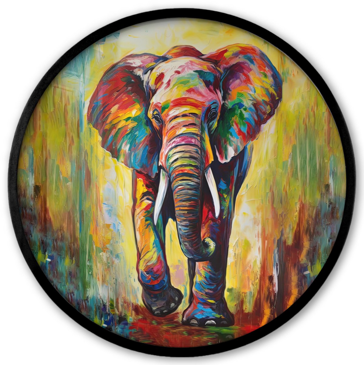 FrameYourWall Poster in lijst Rond - Fotolijst 40x40 cm - Posters - Olifant - Kunst - Schilderij - Dieren - Regenboog - Ronde posterlijst zwart - Decoratie - Wanddecoratie woonkamer - Muurdecoratie slaapkamer Olifant - Verf