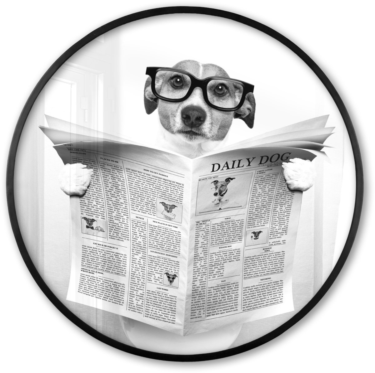 FrameYourWall Poster in lijst Rond - Fotolijst 80x80 cm - Posters - Hond - Krant - Toilet - Zwart wit - Dieren - Ronde posterlijst zwart - Decoratie - Wanddecoratie woonkamer - Muurdecoratie slaapkamer Hond - WC