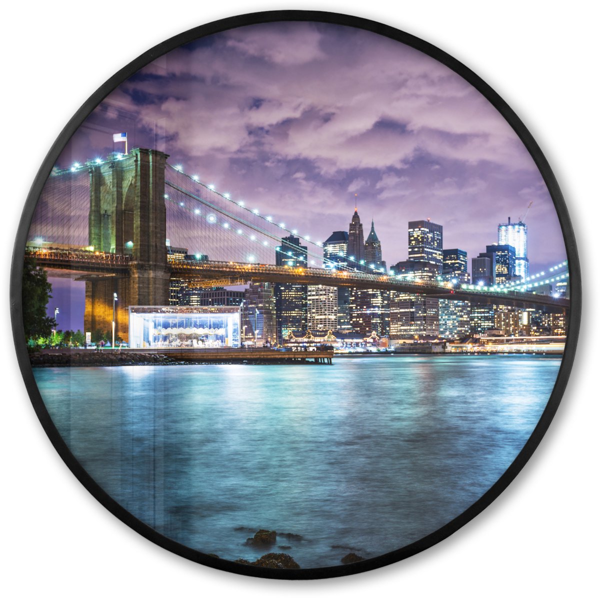 FrameYourWall Poster in lijst Rond - Fotolijst 60x60 cm - Posters - New York - Skyline - Stad - Kleuren - Ronde posterlijst zwart - Decoratie - Wanddecoratie woonkamer - Muurdecoratie slaapkamer New York - Skyline - Kleur