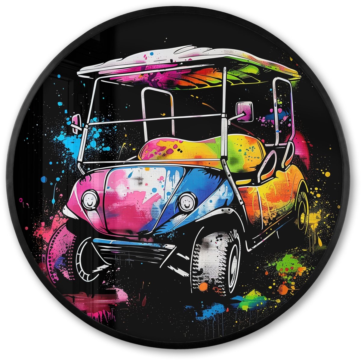 FrameYourWall Poster in lijst Rond - Fotolijst 60x60 cm - Posters - Graffiti - Sport - Golf - Golfkar - Ronde posterlijst zwart - Decoratie - Wanddecoratie woonkamer - Muurdecoratie slaapkamer