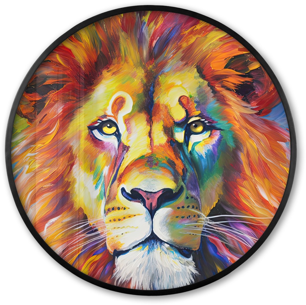 FrameYourWall Poster in lijst Rond - Fotolijst 80x80 cm - Posters - Leeuw - Olieverf - Kunst - Dieren - Ronde posterlijst zwart - Decoratie - Wanddecoratie woonkamer - Muurdecoratie slaapkamer Olieverf - Leeuw