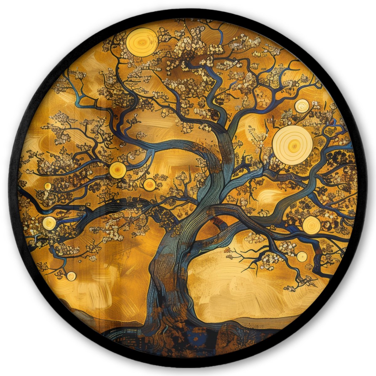 FrameYourWall Poster in lijst Rond - Fotolijst 40x40 cm - Posters - Boom - Levensboom - Abstract - Goud - Ronde posterlijst zwart - Decoratie - Wanddecoratie woonkamer - Muurdecoratie slaapkamer