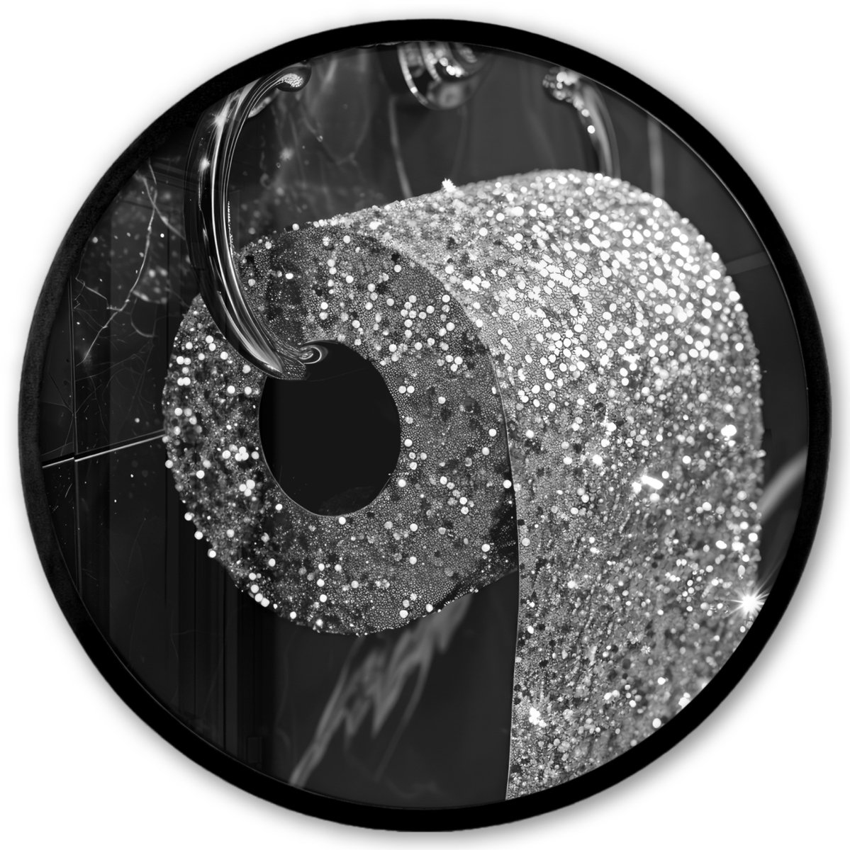 FrameYourWall Poster in lijst Rond - Fotolijst 40x40 cm - Posters - WC - Toilet papier - Zwart wit - Glitters - Ronde posterlijst zwart - Decoratie - Wanddecoratie woonkamer - Muurdecoratie slaapkamer Glitter - WC rol