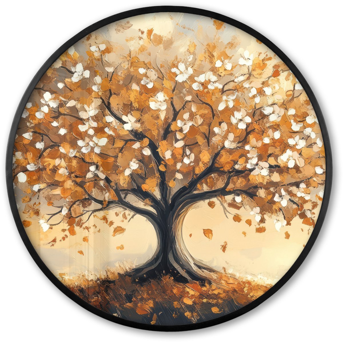 FrameYourWall Poster in lijst Rond - Fotolijst 80x80 cm - Posters - Herfst - Boom - Oranje - Bladeren - Levensboom - Abstract - Ronde posterlijst zwart - Decoratie - Wanddecoratie woonkamer - Muurdecoratie slaapkamer