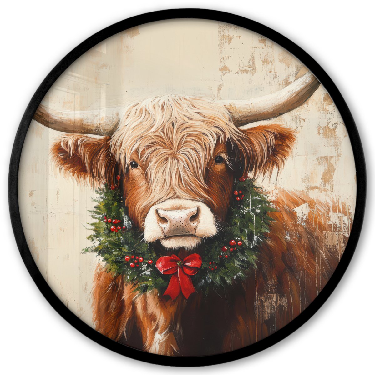FrameYourWall Poster in lijst Rond - Fotolijst 40x40 cm - Posters - Kerst - Schotse Hooglander - Bruin - Krans - Ronde posterlijst zwart - Decoratie - Wanddecoratie woonkamer - Muurdecoratie slaapkamer - Kerstversiering - Kerstdecoratie voor binnen - Kerstmis