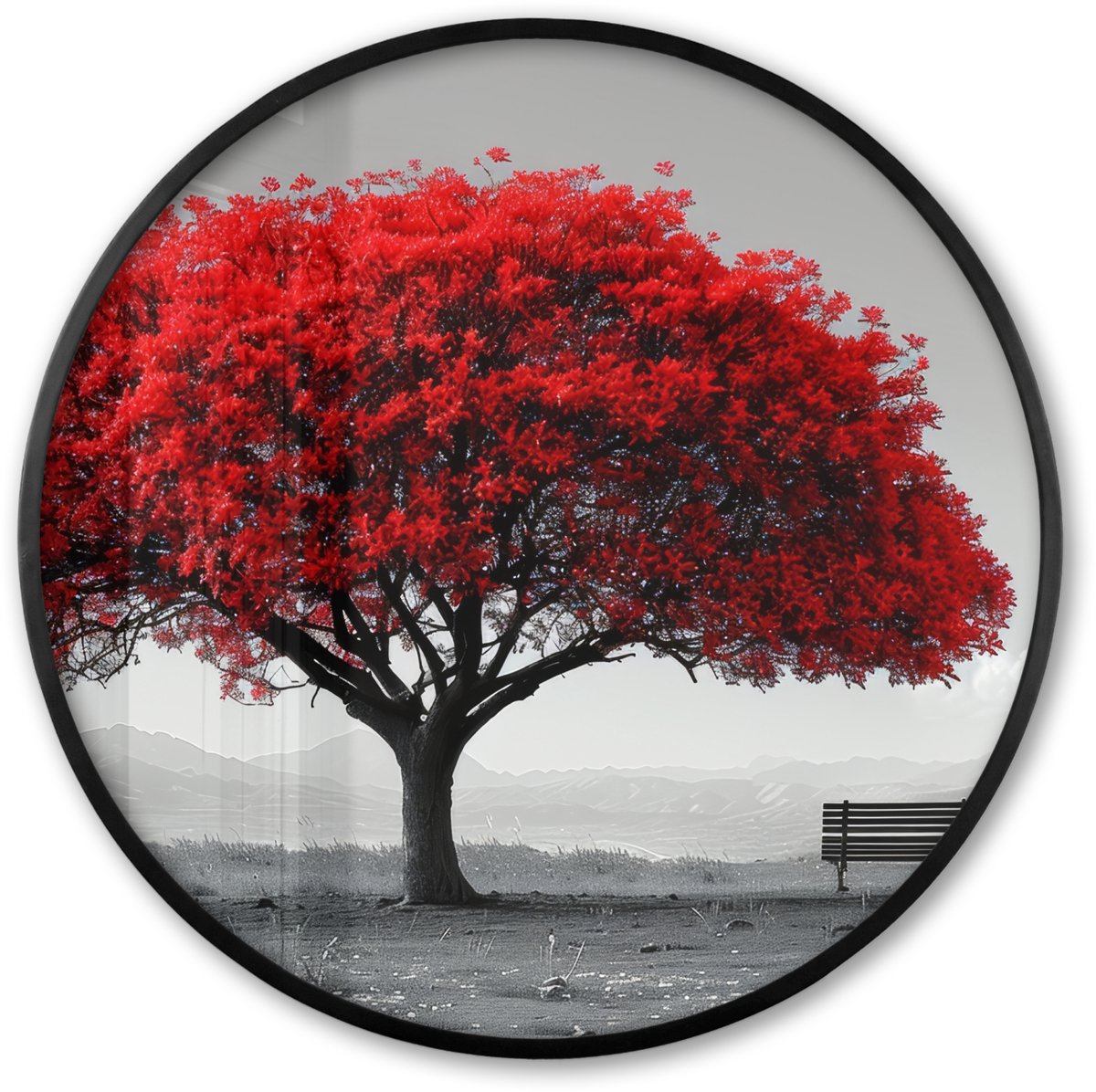 FrameYourWall Poster in lijst Rond - Fotolijst 80x80 cm - Posters - Boom - Rood - Natuur - Zwart wit - Ronde posterlijst zwart - Decoratie - Wanddecoratie woonkamer - Muurdecoratie slaapkamer