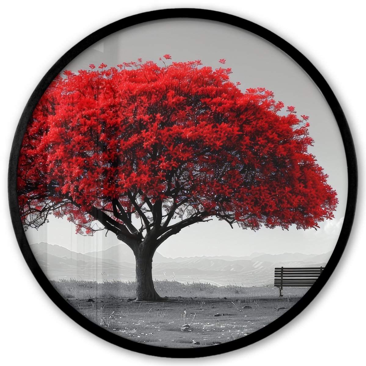 FrameYourWall Poster in lijst Rond - Fotolijst 40x40 cm - Posters - Boom - Rood - Natuur - Zwart wit - Ronde posterlijst zwart - Decoratie - Wanddecoratie woonkamer - Muurdecoratie slaapkamer