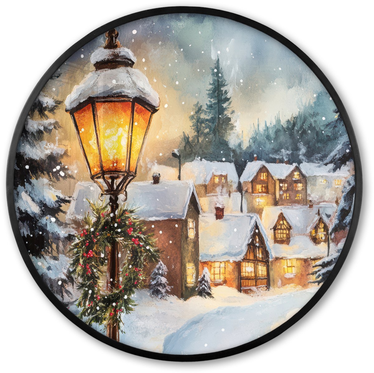 FrameYourWall Poster in lijst Rond - Fotolijst 60x60 cm - Posters - Kerstdorp - Huizen - Sneeuw - Kerst - Ronde posterlijst zwart - Decoratie - Wanddecoratie woonkamer - Kerstdecoratie voor binnen - Kerstversiering - Kerstmis versiering in huis - Kerstaccessoires