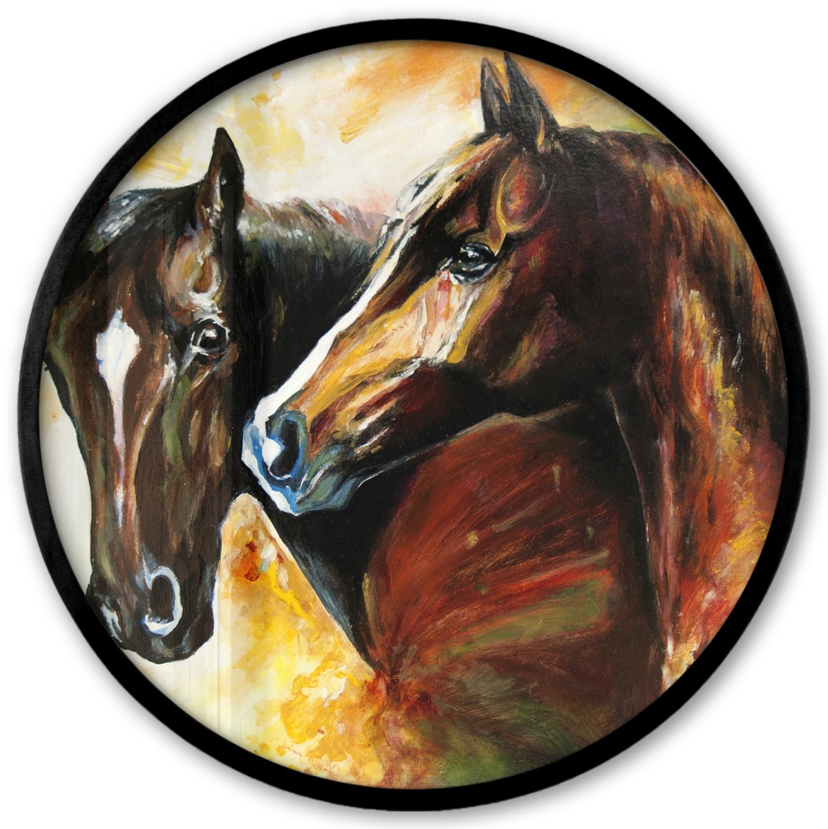 FrameYourWall Poster in lijst Rond - Fotolijst 40x40 cm - Posters - Schilderij - Paarden - Dieren - Olieverf - Ronde posterlijst zwart - Decoratie - Wanddecoratie woonkamer - Muurdecoratie slaapkamer Multicolor