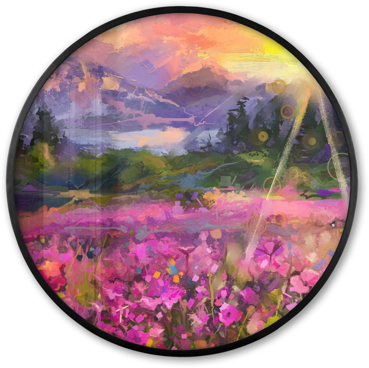 FrameYourWall Poster in lijst Rond - Fotolijst 60x60 cm - Posters - Schilderij - Olieverf - Bloemen - Natuur - Zon - Ronde posterlijst zwart - Decoratie - Wanddecoratie woonkamer - Muurdecoratie slaapkamer Multicolor