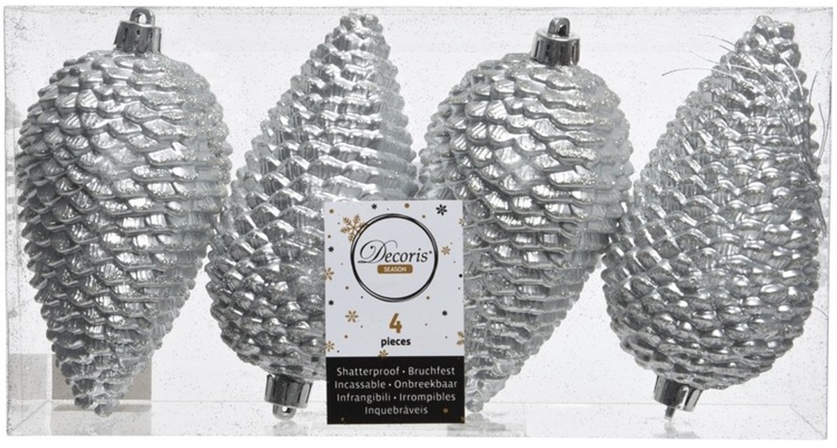 Decoris Kerstballen - dennenappels - 4x - zilver - 12 cm - Glitter - Onbreekbare plastic kerstballen - Kerstboomversiering zilver