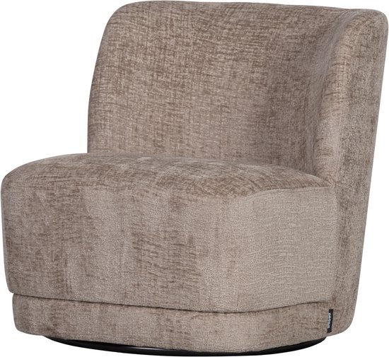 Zandkleurige fauteuil van polyesterstof, gezien vanaf de zijkant.