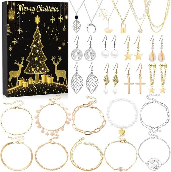 Adventskalender 2025 sieraden voor dames, adventskalender, sieraden, 24 verrassingen voor het aftellen, Kerstmis, met armband, halsketting, oorbellen, ring voor vrouwen en meisjes, kerstcadeau
