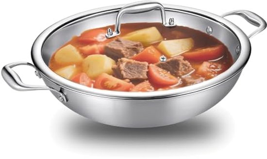 LOLYKITCH 12,5 inch Tri-Ply roestvrijstalen wokpan met deksel, inductie